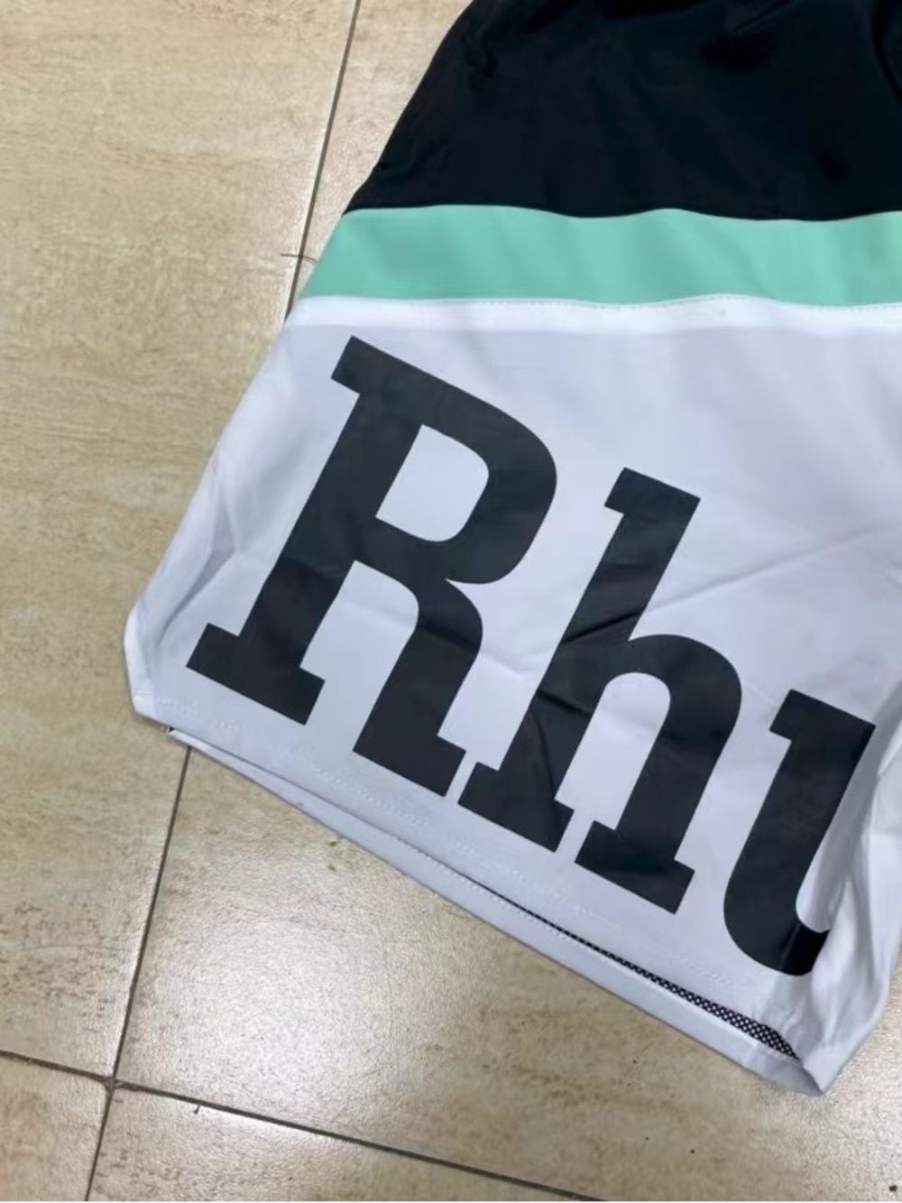 Rhude Black, White & Teal Colorblock Logo Swim Shorts - Picture 2 of 6
